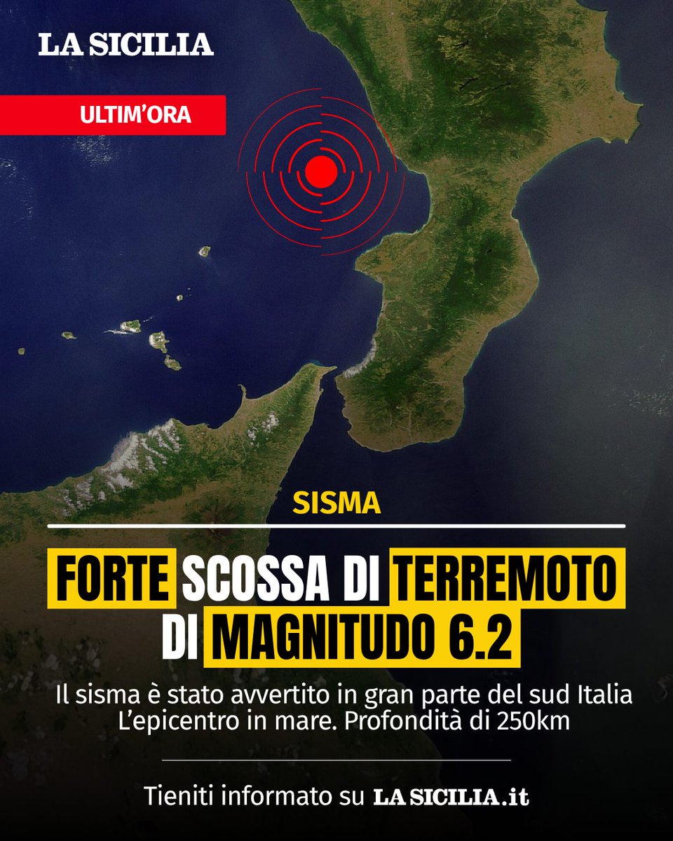 lasicilia's tweet photo. Forte scossa di terremoto di magnitudo 6.2 avvertita in gran parte del Sud Italia. L’epicentro è stato localizzato in mare al largo della costa tirrenica della provincia di Cosenza. Profondità di circa 250 chilometri. https://t.co/mz4QC4IloE