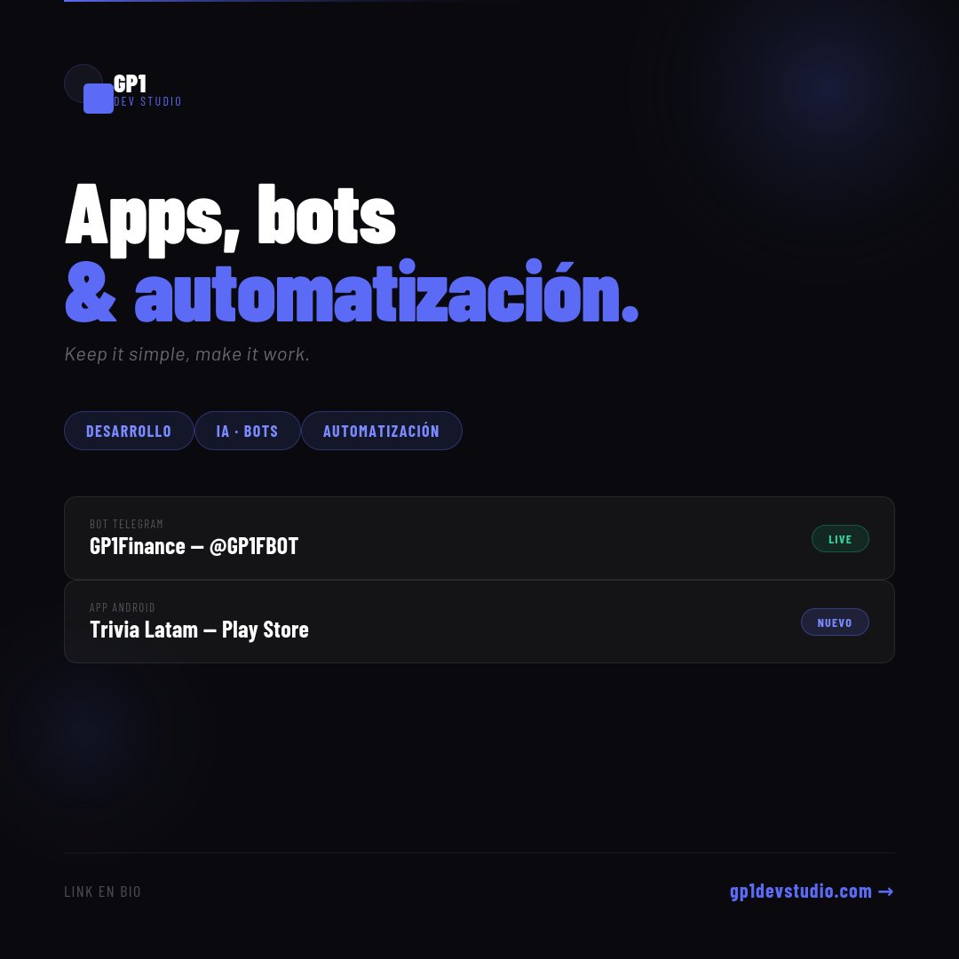 GP1DevStudio's tweet photo. Tu negocio no necesita más tecnología, necesita la correcta.
En GP1 DevStudio creamos software eficiente: web, apps y bots IA.
#GP1DevStudio #GP1Finance #InversionesChile #TelegramBot #DesarrolloDeSoftware #Automatizacion #AndroidDev #IPSA #Fintech #BuildInPublic https://t.co/1SepRTqjXW