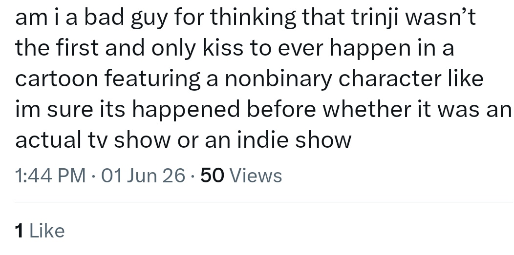 JustAVoiceActor's tweet photo. I really think people don't understand how little nonbinary characters exist in the first place.

A human nonbinary person with an on screen kiss in a cartoon - does not happen.

On a similar note fun fact: trinji is the only human nblm couple in a cartoon ✨ so let that sink in. https://t.co/wWQ7cIASVv