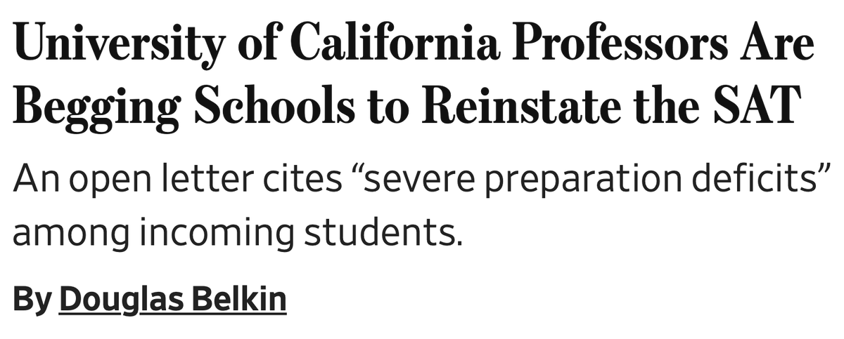 Dale_Chu's tweet photo. The test-blind experiment has backfired.

Over 1,100 professors are urging the system to bring back the SAT. Why? Because preparation gaps are so severe that instructors must halt lectures to reteach middle school math.

GPAs and AI essays no longer show who is ready for college. https://t.co/bwYUG6m2OQ