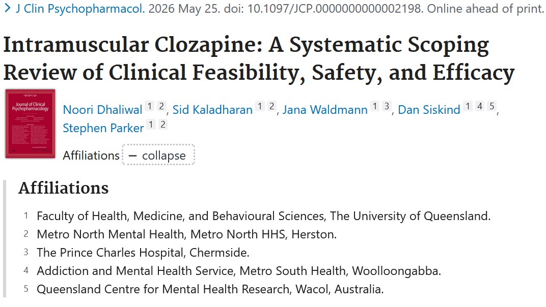 tpchlibrary's tweet photo. Congratulations to #TPCH's S. Parker &amp; J. Waldmann for their work on the article "Intramuscular Clozapine: A Systematic Scoping Review of Clinical Feasibility, Safety, and Efficacy"
https://t.co/LzXSkWp5e9 https://t.co/WCnIKwgw0A