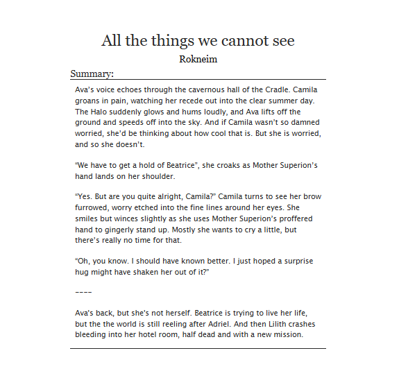 beyoushe's tweet photo. I swear this is one of the most painful things I've read in Ava's POV, and it's unfinished 😭

All the things we cannot see by Rokneim
ttps://archiveofourown.org/works/44258428

#WarriorNun #Avatrice
#SaveWarriorNun https://t.co/osMjvViy3g