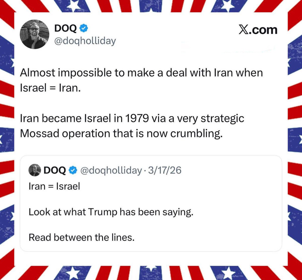 PaulGoldEagle's tweet photo. Reminder….👇👇👇

I have been saying this too.
If you been down rabbit holes you should know this. When Trump talks about Iran he is talking about Middle East Israel. 💯💯💯

Nothing is as seems!!!
Future proves past!
Everything has already happened!
Everything has to happen twice one in secret, and one revealed to the entire world. ￼

The ART and Fog of War‼️‼️‼️

💥💥💥Saving ISRAEL for LAST!!! 💥💥💥

H/T Jenn Whitney