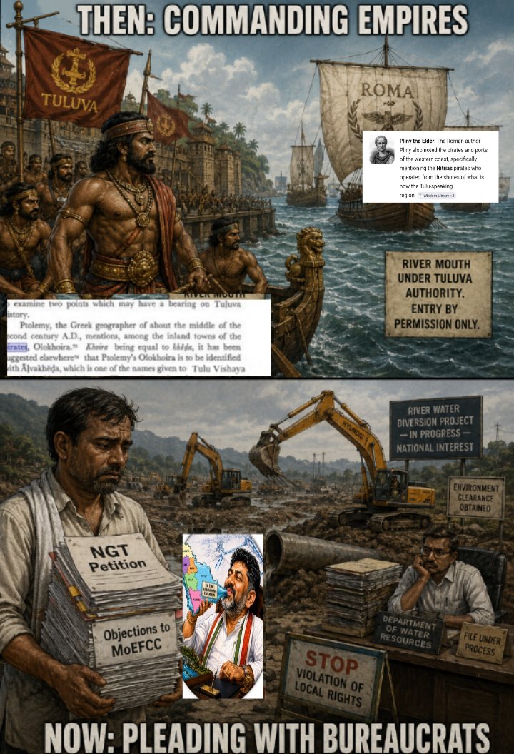 BheemKrishna_'s tweet photo. The Tragic Erasure of Tuluva Sovereignty: From Fierce Maritime Guardians to Humble Bureaucratic Petitioners

2,000 years ago, classical Greco-Roman geographers like Pliny the Elder and Ptolemy explicitly mapped the Netravathi River basin as The Nitra—designating our entire coastal theater as a formidable, independent maritime stronghold.

Western merchant empires didn't look at our coast as passive, exploitable terrain; they looked at it with an intense mixture of awe, jealousy, and extreme strategic caution. Roman and Greek navigators explicitly warned their fleets about the mouth of the Nitra. Why? Because it was fiercely guarded by sovereign Tuluva seafarers who dominated the estuaries.

These weren't lawless marauders; they were the frontline protectors of regional trade. Operating from the fortified mangrove networks of the Netravathi estuary, they controlled the flow of pepper, cardamom, and timber. If Rome wanted access to the wealth of the hinterlands, they had to play entirely by our rules. The Roman treasury was steadily drained of gold coins to buy our goods, and their inability to project direct naval dominance over the Nitra frustrated the Western world for centuries.

Fast forward to today.

The very river system that once anchored our territorial sovereignty and humbled global empires is now treated as a passive, expendable asset on a bureaucrat's spreadsheet. We have been reduced to filing paperwork, drafting legal appeals, and submitting formal objections to the National Green Tribunal (NGT) just to stop inland administrative machinery from quietly diverting upper catchment streams behind closed doors.
The weapons have changed from seafaring vessels to legal briefs, but the power dynamic has completely inverted.

Defending our waters isn’t a modern environmental trend—it is an inherited, ancestral duty to protect Tuluva sovereignty. The original guardians of the Netravathi refused to cede control of our home river to foreign empires, and we cannot afford to cede it to modern administrative overreach.
How did we let the narrative shift so drastically from absolute territorial sovereignty to pleading for basic ecological survival?

Deep dive into the classical cartography and the documented naval history over at the Tuluva Guardian: 👇

https://t.co/PkCLoFnj83