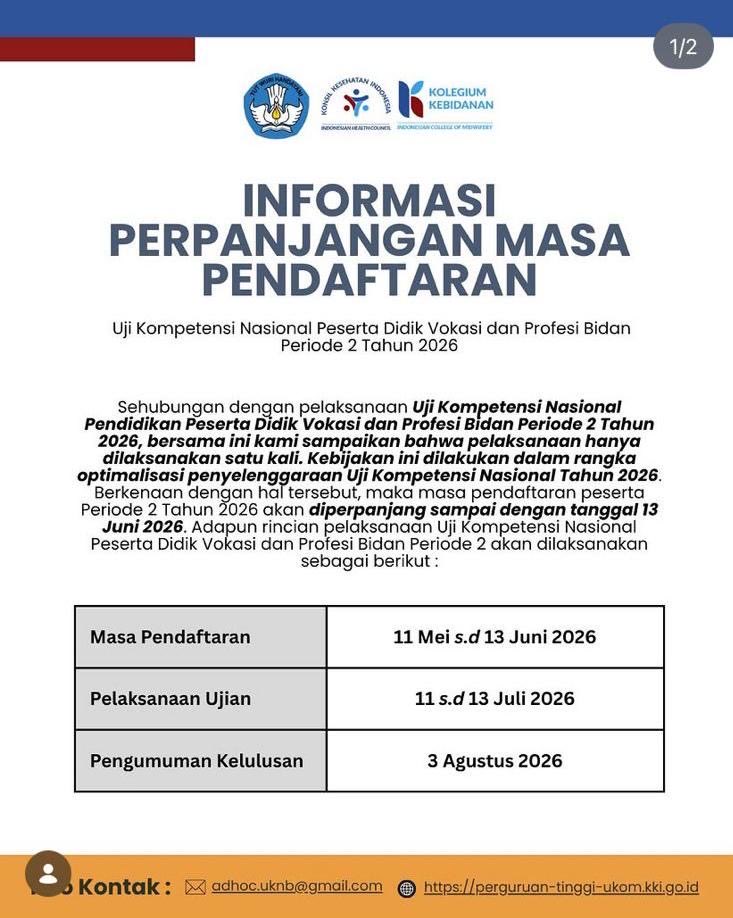 widya_medika's tweet photo. Jadwal terbaru UKOM Bidan Periode 2 tahun 2026 

#jadwalukombaru https://t.co/9LIHhzTtnW