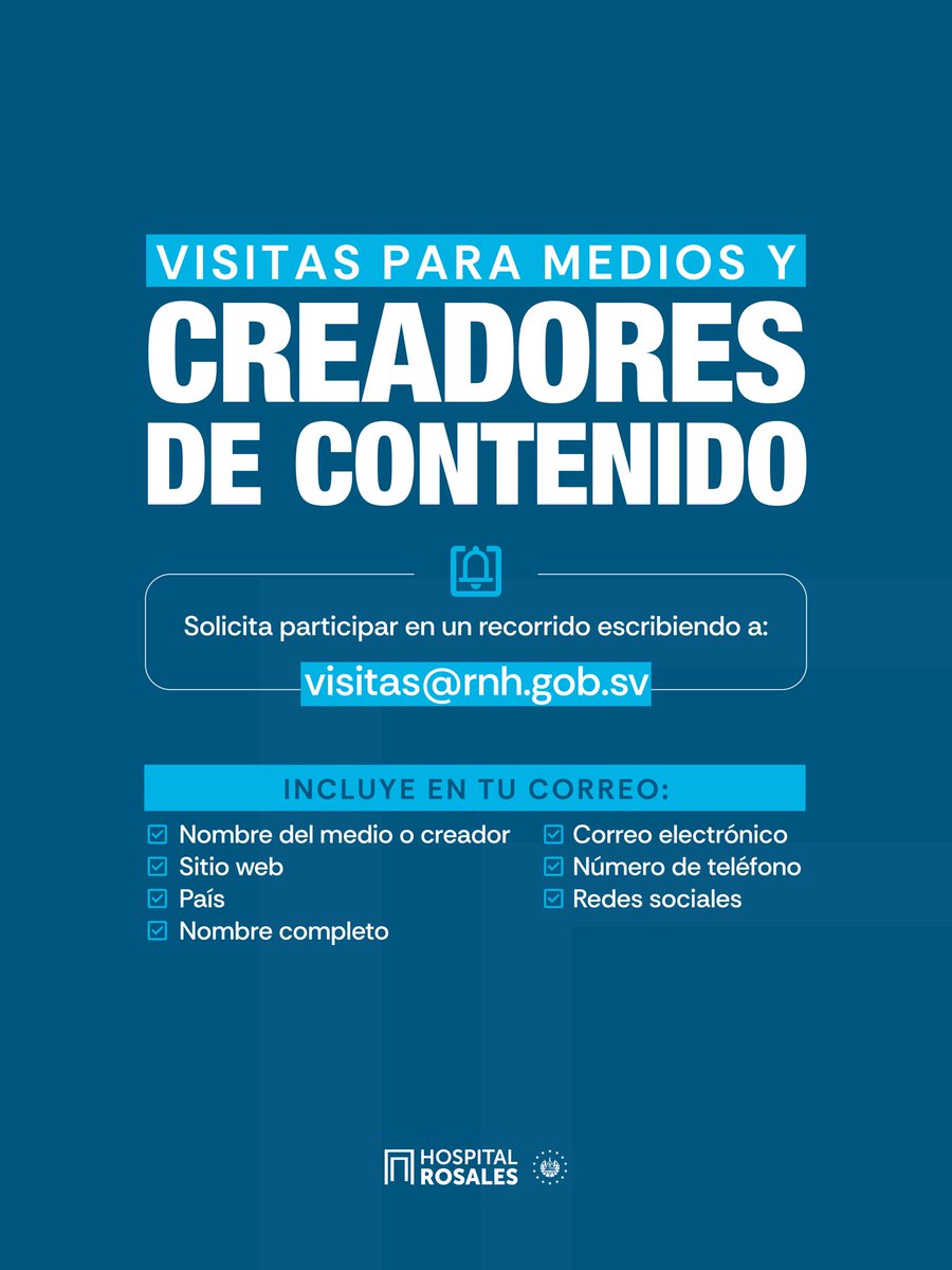 Gobierno_SV's tweet photo. Los medios de comunicación y creadores de contenido interesados en realizar un recorrido por las instalaciones del Nuevo Hospital Rosales pueden solicitarlo escribiendo a visitas@rnh.gob.sv.

Las visitas serán coordinadas previamente y estarán sujetas al cumplimiento de los protocolos de ingreso y normas de funcionamiento del hospital.