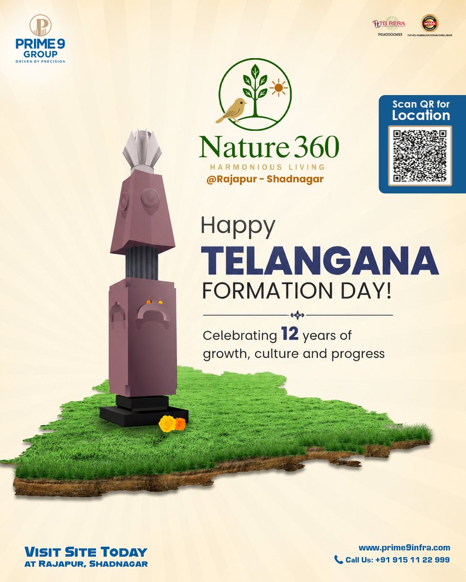 Prime9Infra's tweet photo. 12 years of growth, culture, and progress. Happy Telangana Formation Day! 🌾✨

Premium open plots designed for harmonious, sustainable living. 🏡🌱
📍Nature 360 @ Rajapur - Shadnagar.

#TelanganaFormationDay #Nature360 #Prime9Group #ShadnagarPlots #RealEstate https://t.co/OkrIyo1roK
