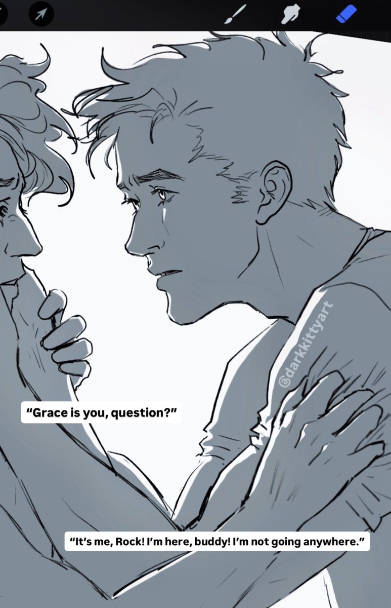 darkkittyart's tweet photo. “Know that I would gladly be the Icarus to your certainty” 🪐

Grace finds Rocky disoriented and confused after waking up human (wip)
#projecthailmary #rylandgrace https://t.co/WaYe7qrV0t