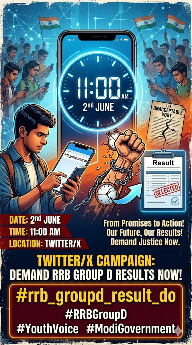 Praveenkum25860's tweet photo. 🚨 RRB GROUP D (32,438 Posts) 🚨

लाखों अभ्यर्थी रिजल्ट का इंतज़ार कर रहे हैं। अब और देरी नहीं!

📢 सभी अभ्यर्थी एकजुट होकर आवाज़ उठाएं।

🗓️ 2 जून ⏰ सुबह 11 बजे 📍 Twitter/X Campaign

#RRB_GroupD_Result_Do https://t.co/GtMukxALly