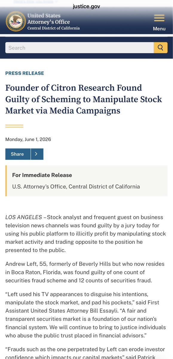 Tony_Denaro's tweet photo. Good. Andrew Left found guilty by a jury today for using his public platform to illicitly profit by manipulating stock market activity and trading opposite to the position he presented to the public. https://t.co/YSiRS4cMnB