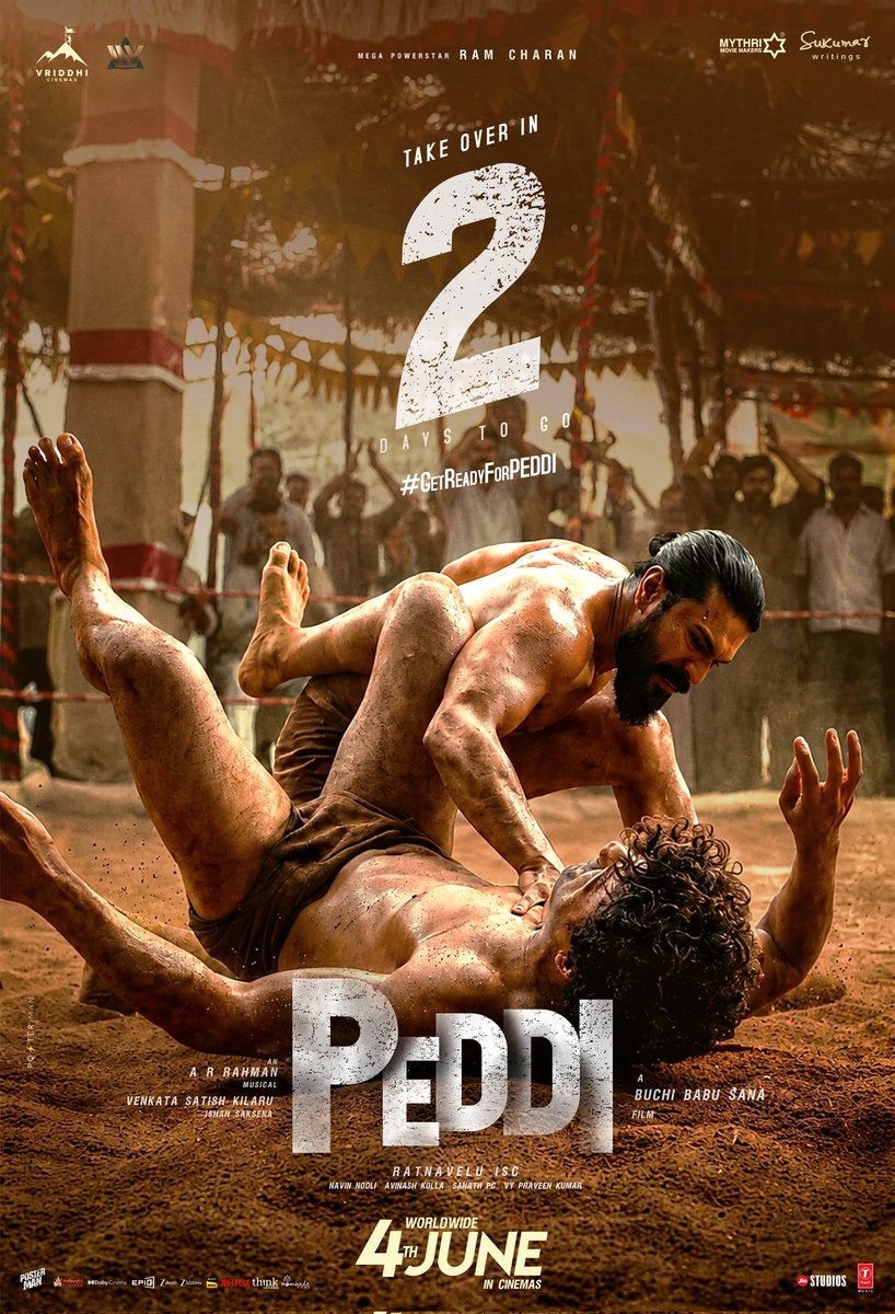 PostermanOffl's tweet photo. Every frame screams Peddi 💥

2 DAYS TO GO 🤼🏻

#PEDDI WORLDWIDE RELEASE ON 4th JUNE, 2026.

#RamCharan #JanhviKapoor #GetReadyForPeddi  #PeddiOnJune4th
#DhoolaTheerchiDhupamEsthunnam https://t.co/Ny5QghKO3V