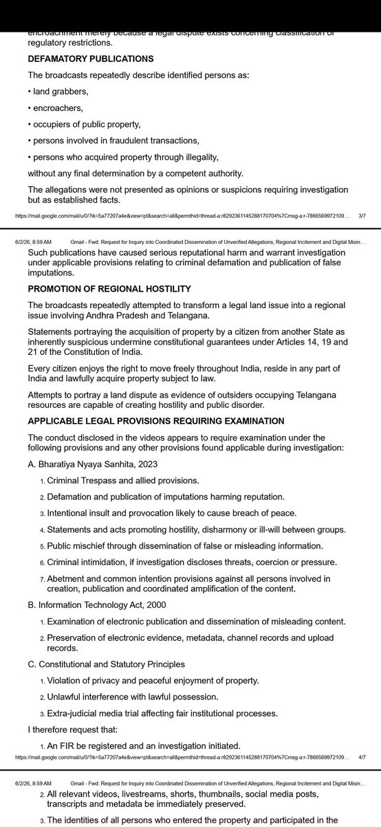 RaviVattem's tweet photo. Complaint submitted to the competent authorities regarding certain YouTubers and self-proclaimed journalists who allegedly entered private property, conducted recordings from within the land, declared disputed issues as settled facts, and publicly branded individuals as “encroachers” and “land grabbers” without any adjudication by a competent authority.

Land disputes, title issues, FTL classifications and regulatory questions must be determined through lawful inquiry, official records and due process—not through trespass, media trials or social-media verdicts.

Requesting preservation of digital evidence and a fair investigation into criminal trespass, misinformation, defamation and narratives capable of creating avoidable regional tensions.
@TelanganaDGP @CPHydCity @CPCyberabad @Comm_HYDRAA @dgpapofficial @PawanKalyan @JanaSenaParty @iTDP_Official @INC_Ponguleti @INCTelangana @ncbn
#RuleOfLaw #DueProcess #Janwada #Telangana #AndhraPradesh #DigitalMisinformation #MediaTrial #FactCheck
