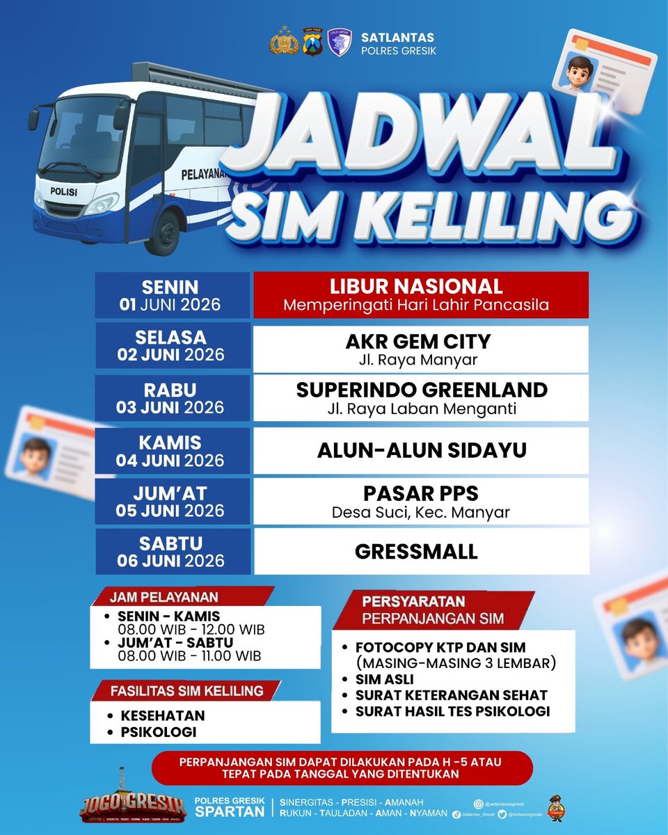 HumasGresik's tweet photo. Hallo Rekk!!
Jadwal Sim Keliling untuk pekan ini (01 Juni 2026 - 06 Juni 2026) sudah keluar.
Catat tanggal dan lokasinya, ya!
Jangan sampai kelewatan, ya☺️

.
.
.

#polresgresik #poldajatim #polresgresikkabupaten #infogresik #gresikupdate https://t.co/N6HrxBs5W6