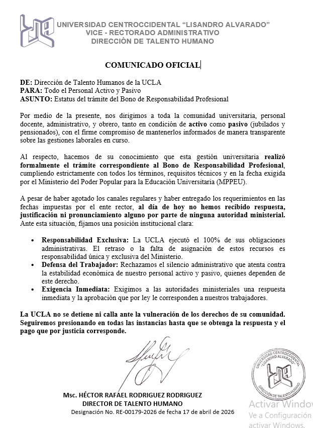 AlvaroMunoz's tweet photo. Comunicado de la Dirección de Talento Humano de la UCLA sobre el "Estatus del trámite del Bono de Responsabilidad Profesional". #UniVE @FAPUV #Venezuela #UCLAve https://t.co/obCU09OgiZ