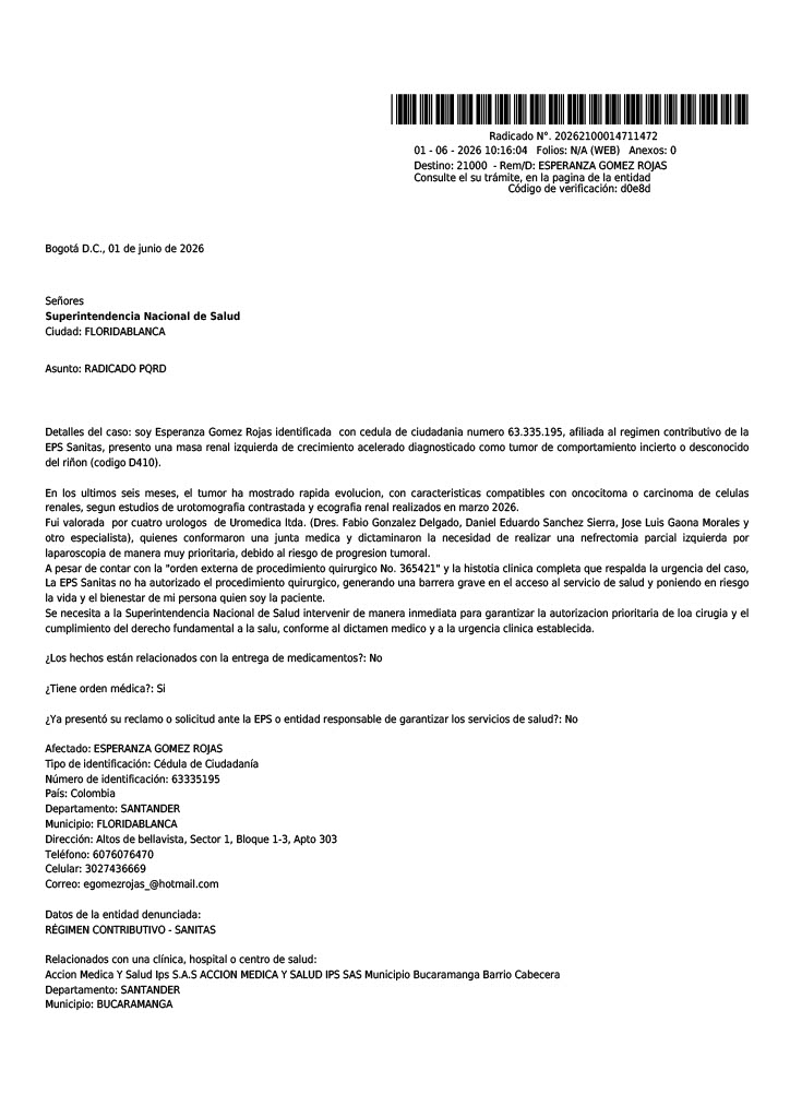 degomezvilla's tweet photo. Dra @carolinacorcho, solicito intervención urgente paciente Esperanza Gómez Rojas (63.335.195 EPS Sanitas) requiere nefrectomía parcial izquierda por tumor renal. Junta médica y orden quirúrgica #365421 respaldan la urgencia, pero la EPS no autoriza. #DerechoALaSalud #Supersalud https://t.co/bjgLJvgoX5