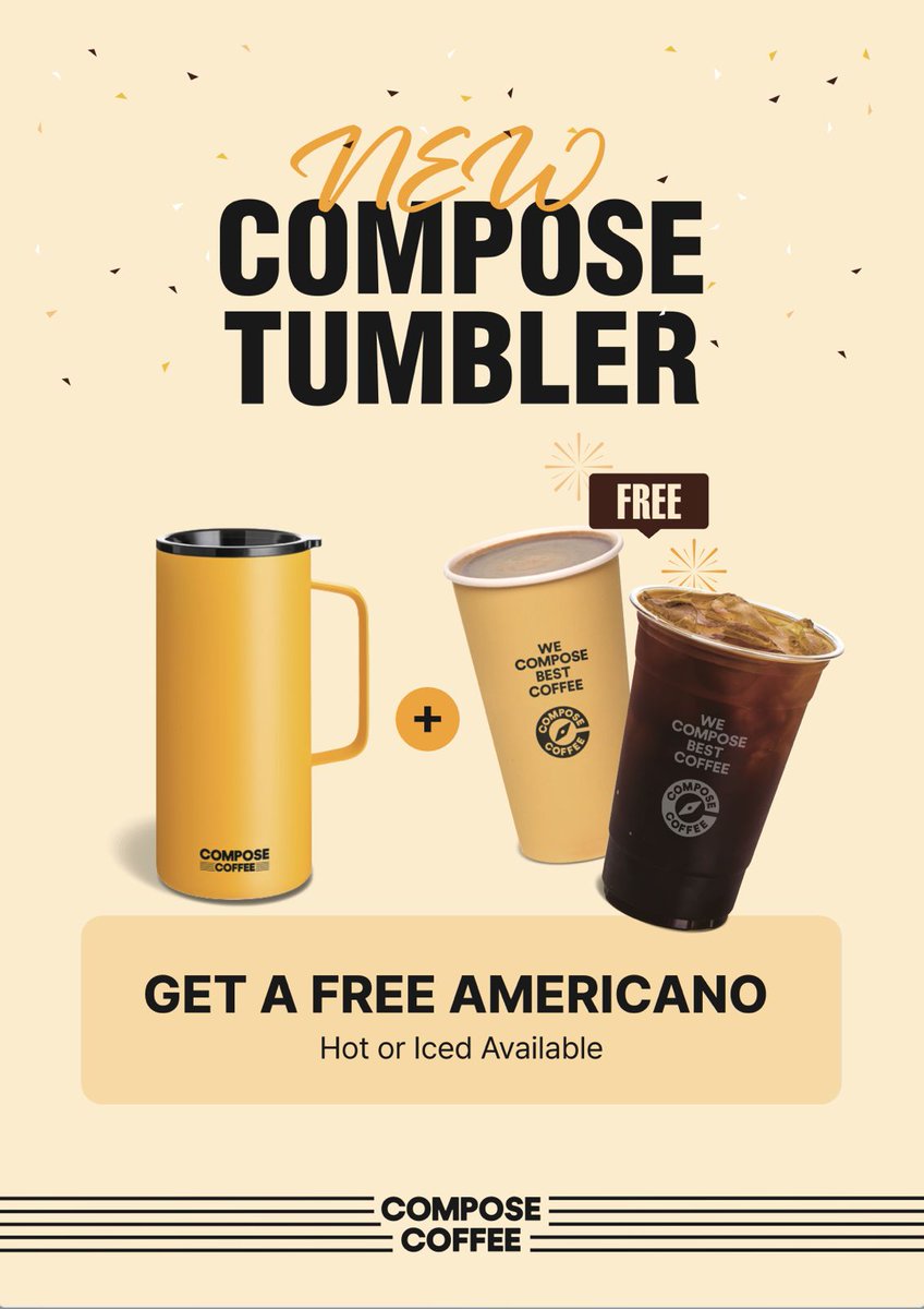 Tae_Singapore's tweet photo. Just came here to share this good news from COMPOSE COFFEE SG. 

The yellow tumbler is Now UP for grabs in all of COMPOSE COFFEE SINGAPORE outlets (Suntec, Raffles Place and PLQ Mall). You also get a free COFFEE for every purchase. 

Very limited. 
So get yours now. 😊 https://t.co/CQIUdQdemy