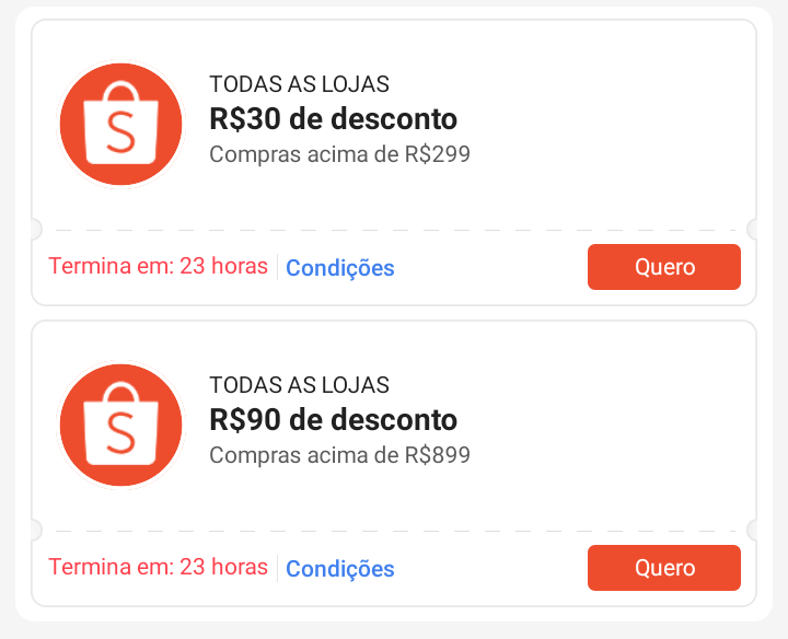 PostandoCupons's tweet photo. 🟧 CUPONS SHOPEE

🎟️ R$30 OFF em compras acima de R$299

🎟️ R$90 OFF em compras acima de R$899

🎟️ Verifique se o cupom está disponível para sua conta aqui:
↪️ https://t.co/qNyh01QrjN #ad https://t.co/oevW31B974