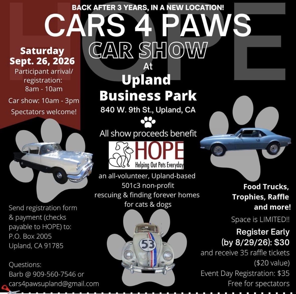 HelpingOutPetsE's tweet photo. 🚦🏆🛞 Don’t miss it! Cars 4 Paws Classic Car Show &amp; HOPE Fundraiser in Upland! 🔍 To register your car please visit our Facebook page for the form. #carshow #cars4pawsupland #hope #fundraiser #helpingoutpetseveryday 

https://t.co/ynK2AJTMPp https://t.co/JhrCod1lDj