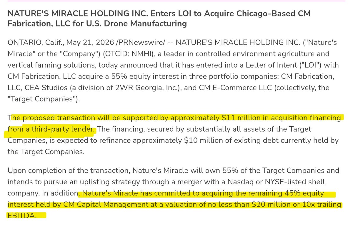 SniperFlow777's tweet photo. $NMHI LOI with CM Fabrication doing $18M revenuss in 2026. Looking for $20M valuation minimum / current valuation $1.9M. 

Todays news wiped out TOXIC debt - clean slate, with preffered restricted. Massive news solidifying a real shot at multi-cent. https://t.co/6P0dR2B6S0