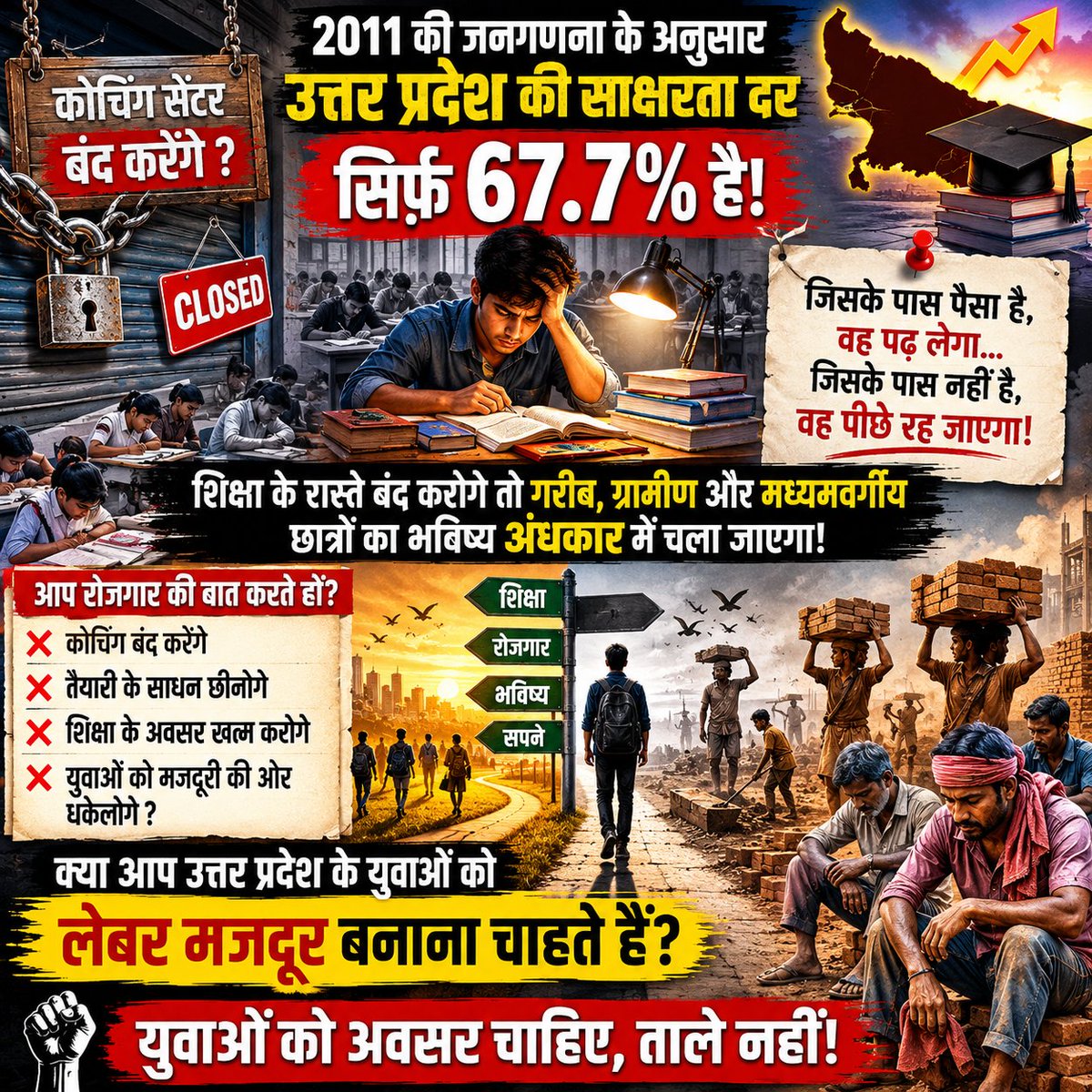 Dheeraj69385479's tweet photo. @jeetjaat11 2011 की जनगणना के अनुसार उत्तर प्रदेश की साक्षरता दर सिर्फ 67.7% है।

अगर कोचिंग सेंटर बंद होंगे, तो अमीरों के बच्चे पढ़ लेंगे, लेकिन गरीब और ग्रामीण छात्रों का क्या होगा?

शिक्षा के रास्ते बंद करके युवाओं को रोजगार नहीं, बल्कि मजबूरी में मजदूरी की ओर धकेला जाएगा। https://t.co/umo0tsRUgc
