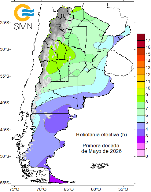 Argen_weather's tweet photo. Promedio diario de horas de sol, 1 al 10 de mayo, 11 al 20 de mayo, y 21 al 31 de mayo. En el tercer caso se observa el efecto de la persistencia de días con abundante nubosidad y/o con neblinas/niebla en PBA. https://t.co/NanJafyoGe