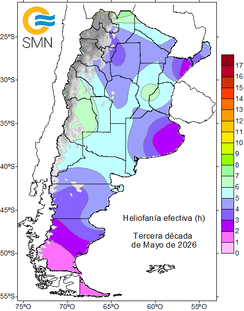 Argen_weather's tweet photo. Promedio diario de horas de sol, 1 al 10 de mayo, 11 al 20 de mayo, y 21 al 31 de mayo. En el tercer caso se observa el efecto de la persistencia de días con abundante nubosidad y/o con neblinas/niebla en PBA. https://t.co/NanJafyoGe