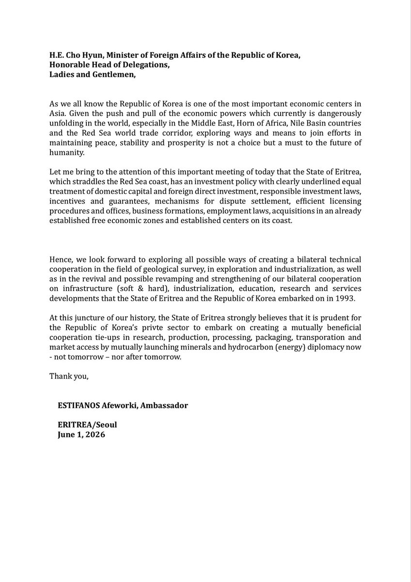 AmbassadorEstif's tweet photo. It was an honor to outline the ideal Investment policy/opportunities that exist in #Eritrea &amp; need for enhancement/strengthening of mutual efforts for regional peace  &amp; economic cooperation in my statement to the 2026 Korea-Africa Foreign Ministers Meeting -  エリトリア 한국 https://t.co/VQ8WHjuFhk
