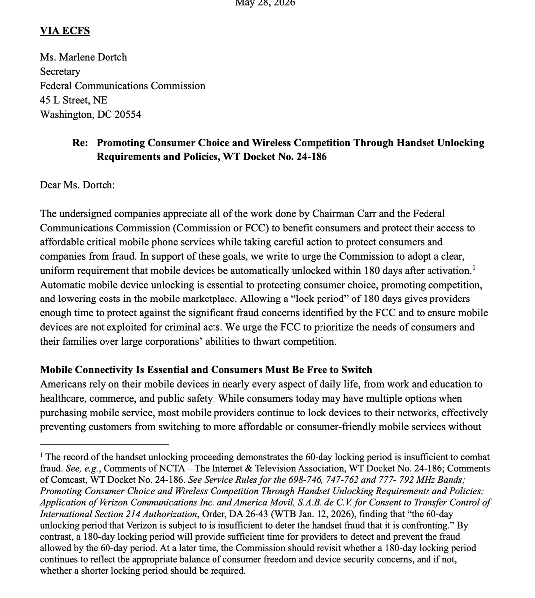 SawyerMerritt's tweet photo. SpaceX has joined three other industry groups in calling on the FCC to adopt a nationwide policy to automatically unlock phones tied to a carrier’s network 180 days after activation.

“Automatic mobile device unlocking is essential to protecting consumer choice, promoting competition, and lowering costs in the mobile marketplace. We urge the FCC to prioritize the needs of consumers and their families over large corporations’ abilities to thwart competition,” SpaceX says.