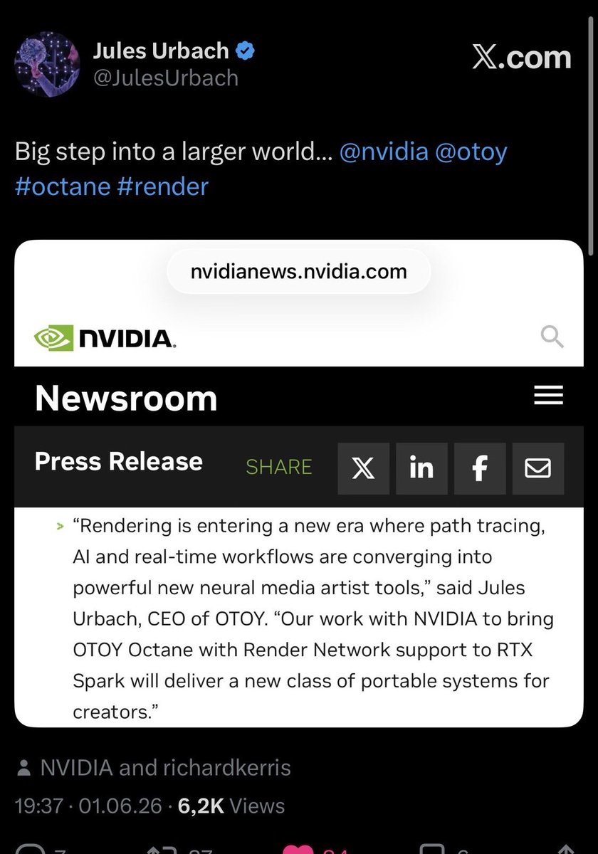 AssetDrifter's tweet photo. Render Network in the NVIDIA newsletter. Jensen on stage with Octane in the partner lineup. agents that design, iterate and render scenes - preview local, scale on Render Network. output feeds simulation, world models, generative pipelines. real GPU demand from real workflows. @rendernetwork 
solana:rndrizKT3MK1iimdxRdWabcF7Zg7AR5T4nud4EkHBof