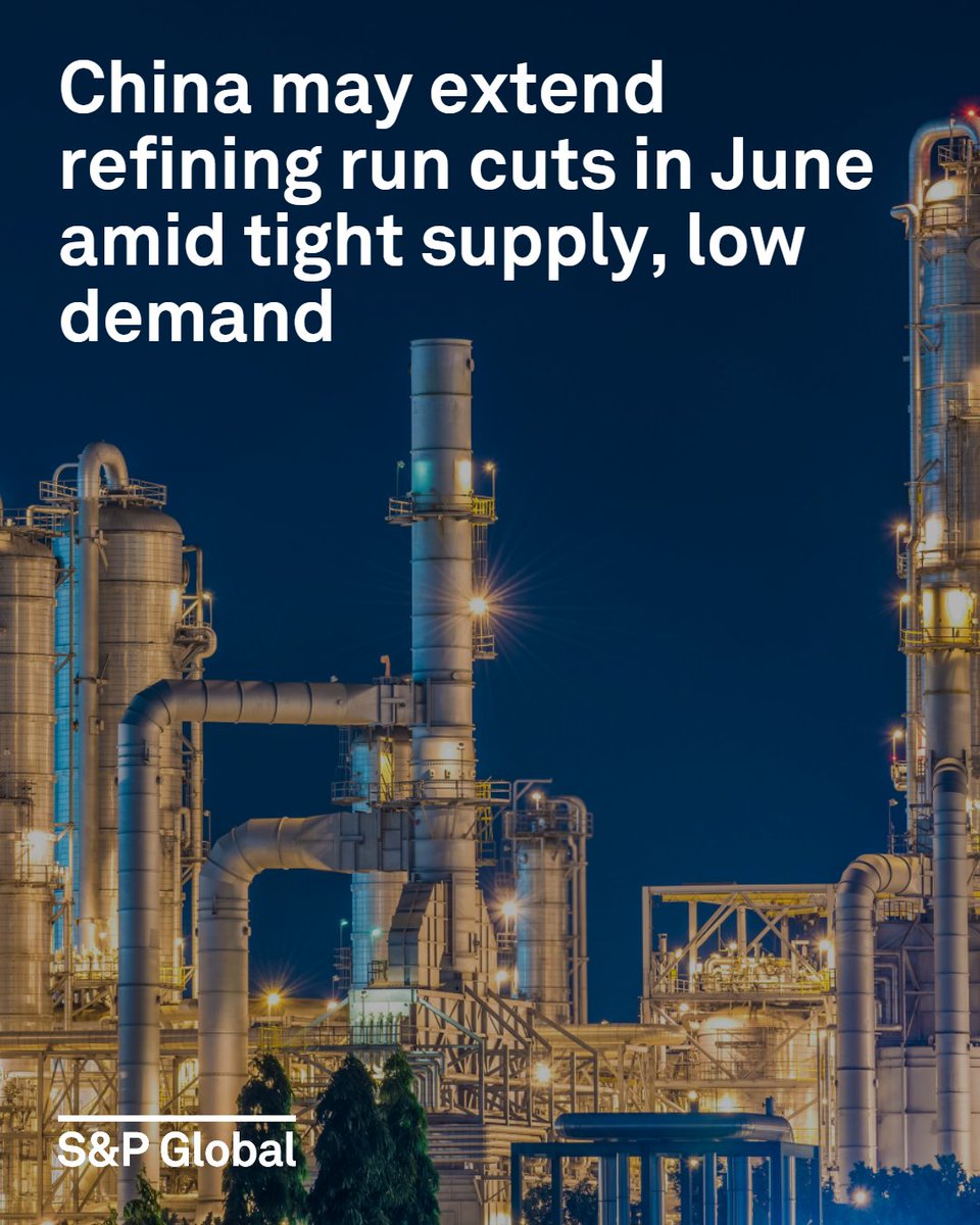 SPGlobal's tweet photo. Chinese refineries are likely to extend the downtrend in crude throughput in June due to reduced feedstock supply, low oil products demand and high domestic inventories, analysts and refinery sources told Platts, part of @EnergySPG, May 29.

A Singapore-based analyst with an international oil company expected China's crude throughput to fall below 13 million barrels/day in June, continuing a decline from a 44-month low of 13.35 million b/d in April.

Platts data showed that 49 of China's state-owned refineries had an average run rate of 71.6% in May, a 74-month low since 70.4% in March 2020, when the country was hit by the coronavirus pandemic. The utilization was at a 43-month low of 75.6% in April.

Read more: https://t.co/OlCIIE1Kaf