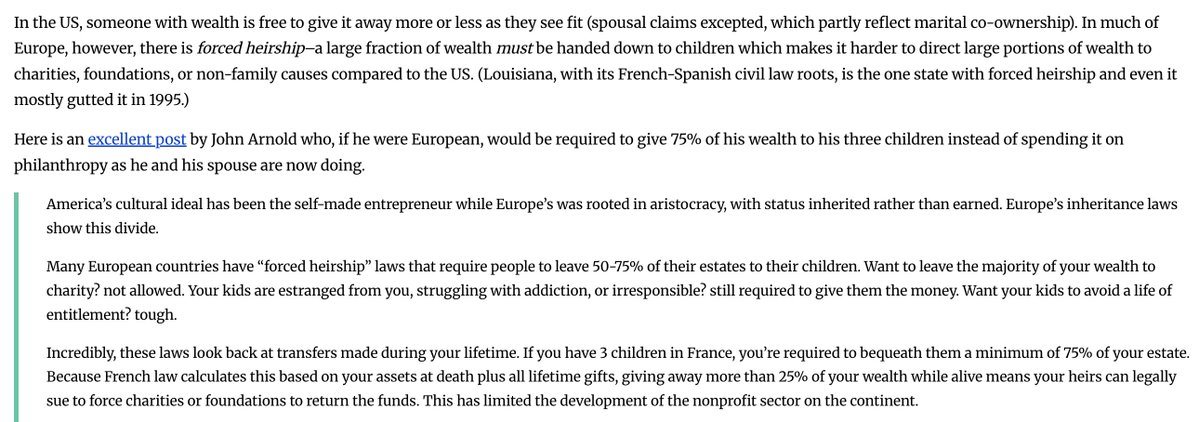 JimmySteier's tweet photo. Every day Americans learn something new and shocking about European civil dispensations. 

The thing du jour, per a recent MR post, is that France has forced heirship laws--meaning that you quite literally cannot disinherit your children and must reserve up to 75% of all your assets for inheritance in a family of 3+ children--which is bad enough. But, France simultaneously is in the top punitive tier of estate taxes worldwide (the official schedule: surviving spouse/PACS partner exempt; child/parent allowance of €100,000; direct-line rates up to 45% above €1,805,677; siblings up to 45%; relatives up to fourth degree 55%; “other heirs” 60%).

It's one big state-sanction zugzwang of expropriation, from one's descendants but more importantly from one's basic autonomy. Though, I would note that even if the incentive structures were different, the French (and Europeans more generally) would still not charitably give at rates anywhere near comparable to those of Americans. 

Personally, I think Americans should do far less charitable giving (even given the creative deduction benefits available) in favor of volitional patrilineal inheritance, ideally prior to death, but we all know that this is simply not in the fundament of the American ortgeist. At the very least, we don't enshrine a chinese-finger-trap rapine of personal assets in polonius laws.
