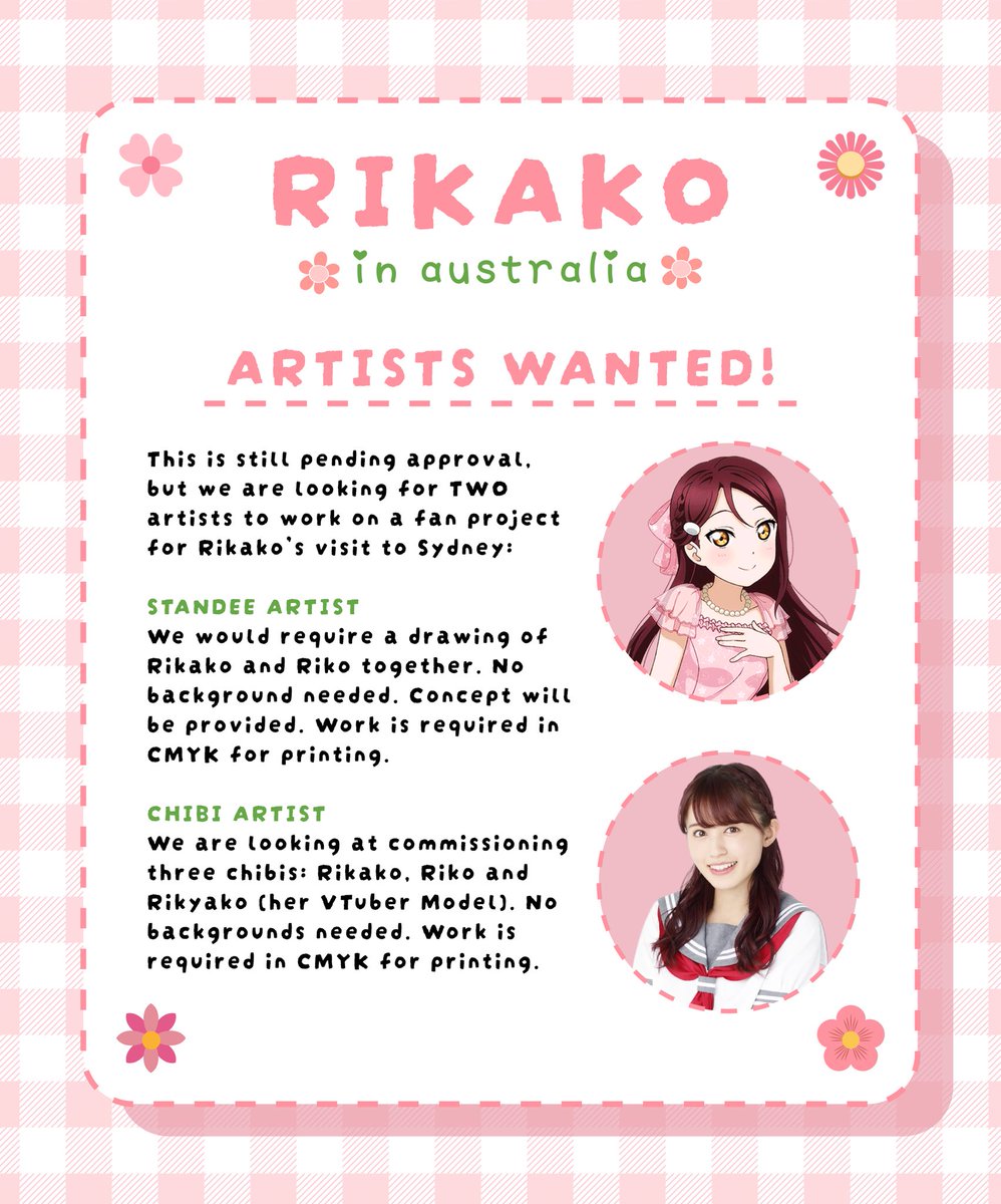 Parfait_Parlour's tweet photo. 🌸Looking for Artists!🌸
Needed for a project welcoming Rikako on her visit to Australia! 
This project is still pending the con’s approval, we are trying to get confirmation ASAP - please be mindful, it will be a tight deadline!
INTERNATIONAL ARTISTS WELCOME!!
#lovelive #lovelivesunshine #aqours #rikosakurauchi