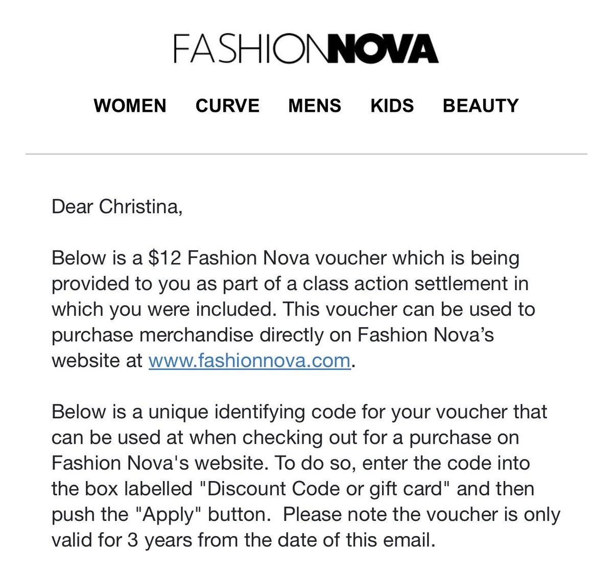 AtHellaToast's tweet photo. So… there was a class action lawsuit and the result is a tiny credit that I can ONLY use with the same company that was sued??? 

Go fuck yourself @FashionNova If there was any type of settlement it should be actual cash, not this lame way to keep money in your pocket https://t.co/PljVDZBJ9H