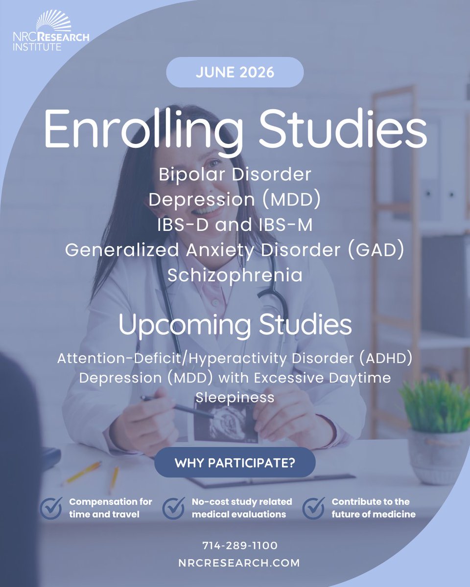 NRCResearch's tweet photo. ☀️It's officially June!☀️ Check out the studies enrolling at NRC Research Institute this month! To learn more or see if you may qualify, call us at 714-289-1100 or sign up at https://t.co/upOhBgpwle https://t.co/ewfP1vO8Y9