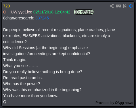 7thDean's tweet photo. President Trump using his burner account, il Donaldo Trumpo, posted a meme of himself saying "LOCKED IN" and tagged it "YOU KNOW IT!!!" with a timestamp of 7:20 PM EST

Q 720
Do people believe all recent resignations, plane crashes, plane re_routes, EMS/EBS activations, blackouts, etc are simply a coincidence?👈👀
Why did Sessions [at the beginning] emphasize investigations/proceedings are kept confidential?
Think magic.
What you see …….
Do you really believe nothing is being done?👈👀
Re_read past crumbs.
Who has the power?👈👀
Why was this emphasized in the beginning?
You have more than you know.👈👀
Q

This is verification of an earlier post from the Department of War CTO telling us to Trust the plan we are LOCKED IN,..
https://t.co/AG4gBhSytK

THE COMM: You have more than you know and YOU KNOW IT, we are LOCKED IN!😉🐸🎯🔥🔥