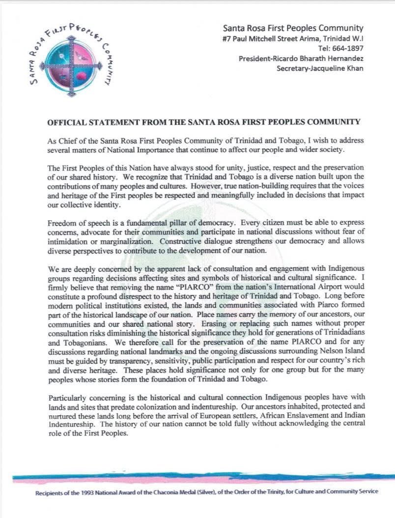 jeniece_s's tweet photo. OFFICIAL STATEMENT FROM THE SANTA ROSA FIRST PEOPLES COMMUNITY 

““The Indigenous Peoples of Trinidad and Tobago are not relics of the past. We are living people, a vital part of the present and an important voice in shaping the future of our nation” https://t.co/TxJZ0c4ebA