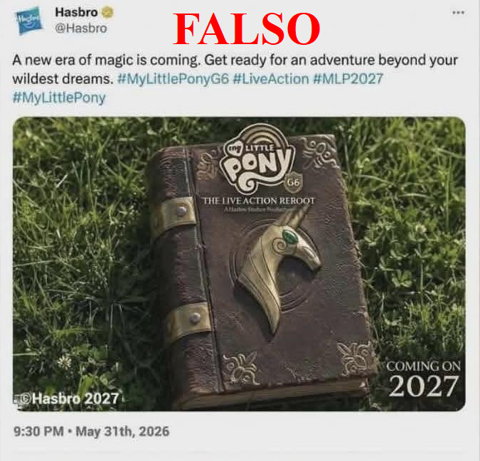 FilosofoGummy's tweet photo. En algunas páginas y grupos de facebook están empezando a publicar esta imagen de un reboot live action de MLP G6, averigüé en páginas de Hasbro y Equestria Daily y no encontré la noticia, por lo tanto, es falsa.

Por ahora no hay noticias de la G6 ni de la película live action. https://t.co/GU0O1rOf4i