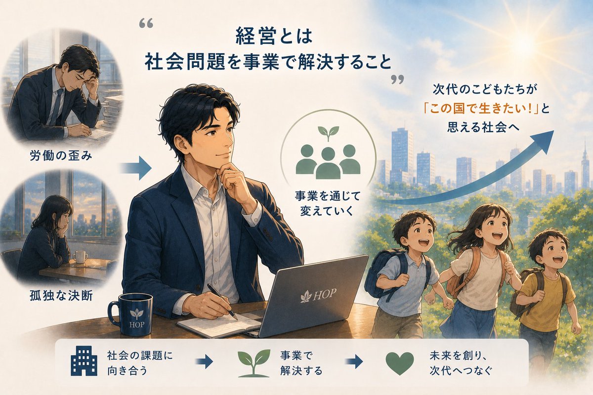 Hopgroup_ogami's tweet photo. おはようございます✨
尊敬する師から「経営とは社会問題を事業で解決すること」だと教わりました。
労働の歪みや孤独な決断を、事業を通じて変えていく___
次代のこどもたちが「この国で生きたい！」と思える社会を、経営の現場から創り続けていきます！ https://t.co/9swMG3pEbs
