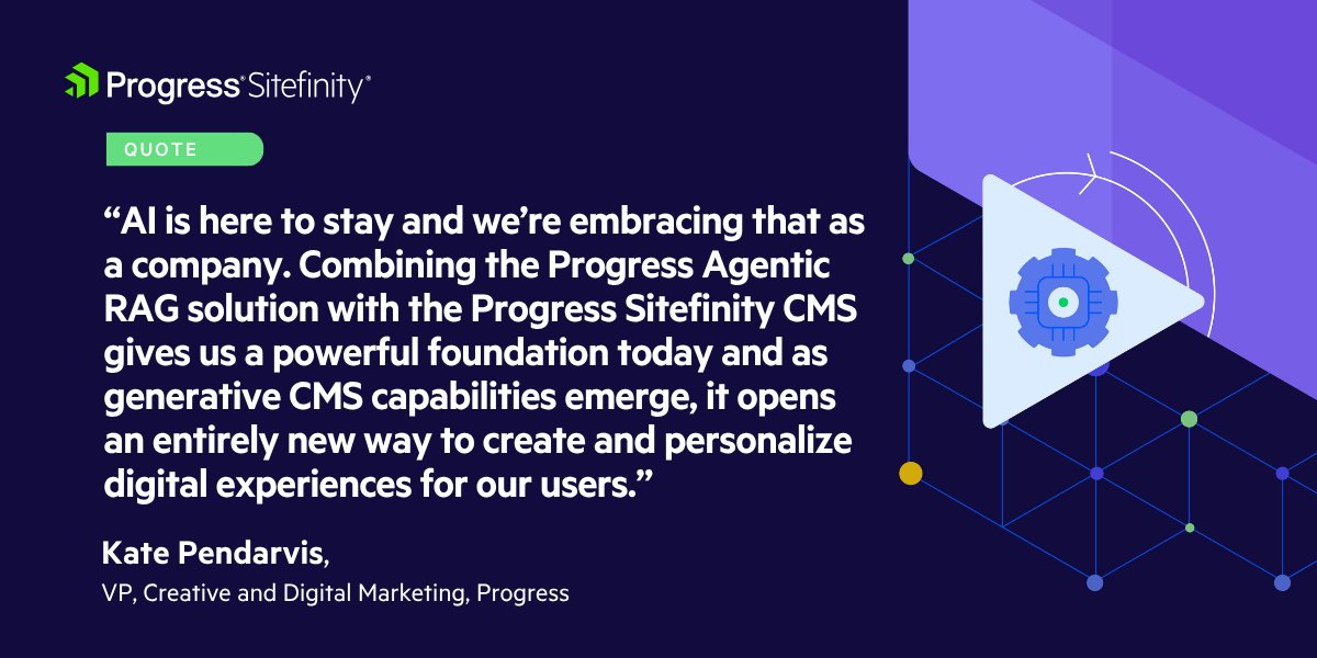 Sitefinity's tweet photo. What happens when #AI meets a powerful digital experience platform? 🤔 

Progress integrated Agentic RAG into Sitefinity &amp; saw 29% higher homepage engagement, doubled time on site &amp; a 37% increase in conversions. 

Read the full success story: https://t.co/MqvFwttnaV https://t.co/ZPLdS0BOED