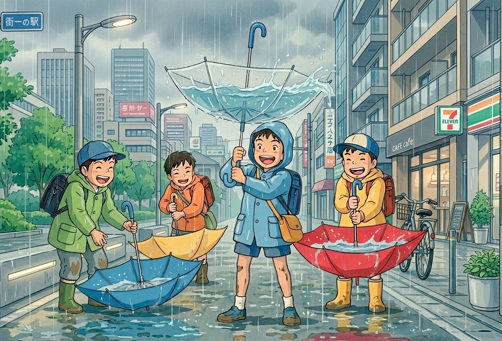do_kuf's tweet photo. 朝、大雨だったので車に息子を乗せて小学校まで送っていった。

車を降りた息子が、向こうから歩いてきた傘をひっくり返して雨を溜めながら歩いてきた子と一緒に登校していった☔️

変な子と友達なんだなぁ…と思ってふと前を見ると傘をひっくり返した男子がいっぱいいた。 https://t.co/NsZpP929XU