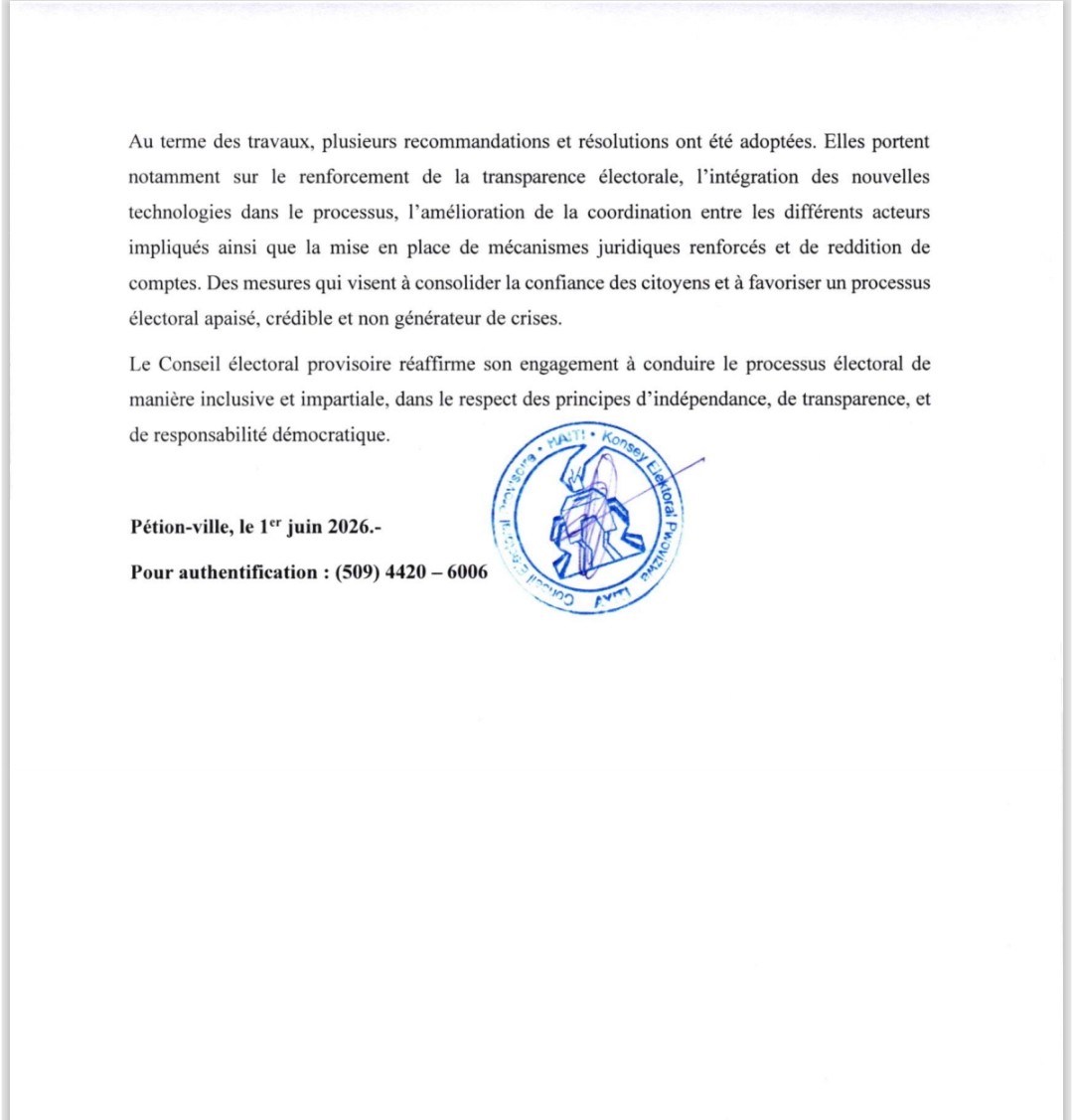 cep_haiti's tweet photo. LA CHAIRE ÉLECTORALE CLÔTURE SA PREMIÈRE CONFÉRENCE INTERNATIONALE AUTOUR DE LA RÉUSSITE DES ÉLECTIONS DE 2026 https://t.co/R3C4a1zeUl
