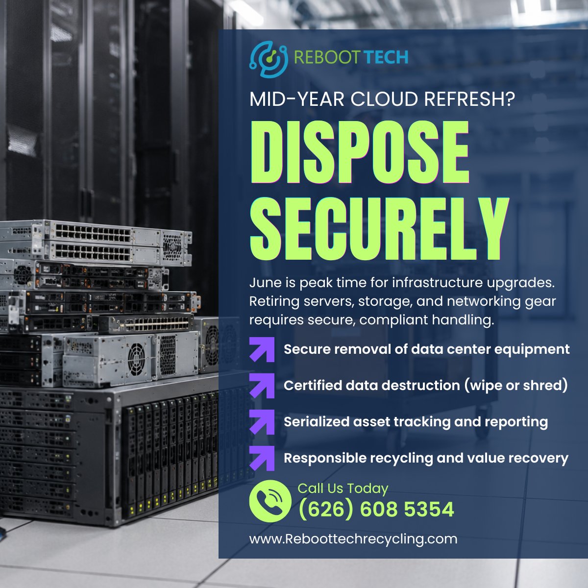RebootTechLLC's tweet photo. Mid-Year Cloud Refresh? Dispose Securely

Secure removal, data destruction, and compliant recycling for retired infrastructure.

Zero data risk.
https://t.co/UoRahg5q16
#CloudInfrastructure #ITAssetDisposition #DataDestruction https://t.co/IZ5TZbtdff