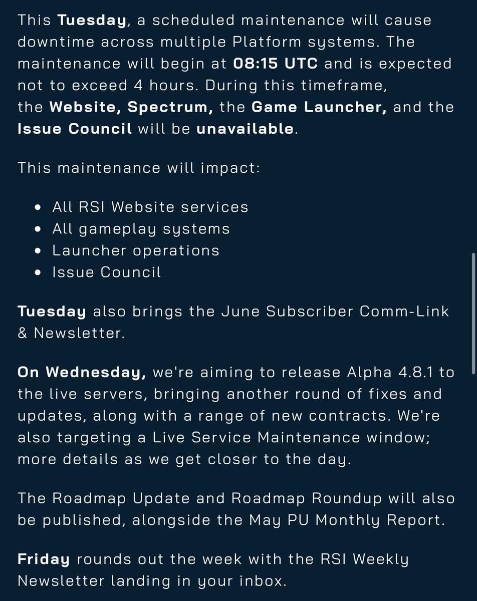 Kanected's tweet photo. This Week in #StarCitizen - June 1, 2026

- June Subscriber Comm-Link &amp; Newsletter on Tuesday 
- PU maintenance starting at 815 UTC
- Aloha 4.8.1, Roadmap Roundup &amp; Update and May PU Monthly Report on Wednesday https://t.co/6fBreQgwSl