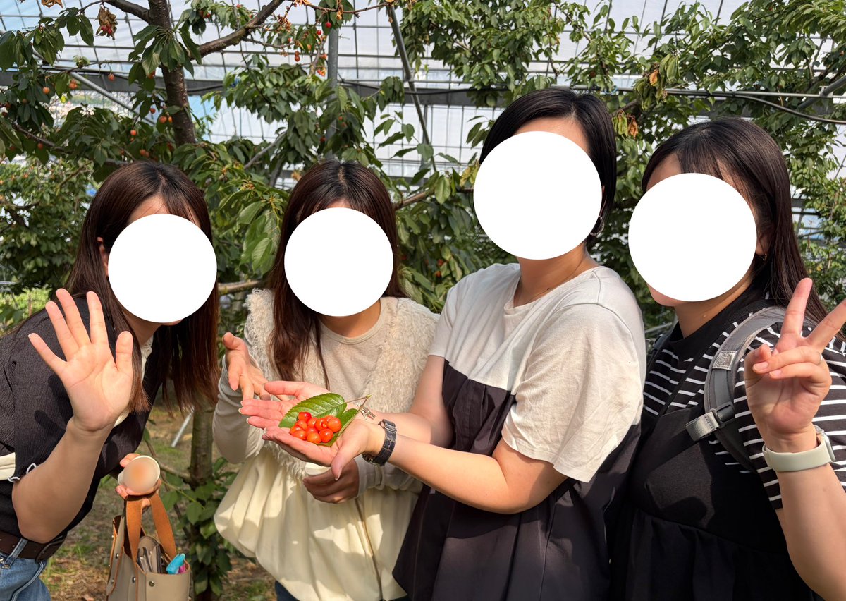 chapi621's tweet photo. 6:30集合のママ(オバ)友旅〜！激務の日々からのストレス発散、最高にありがとう🍒さわやか、さくらんぼ、ジェラート、もんじゃでずっと食べてた🍴

さくらんぼ狩り、平面の記憶だったのにすごい斜面のところでとても過酷だったけどその分めっちゃ美味しかった☺️ https://t.co/l46Bz9U3jP
