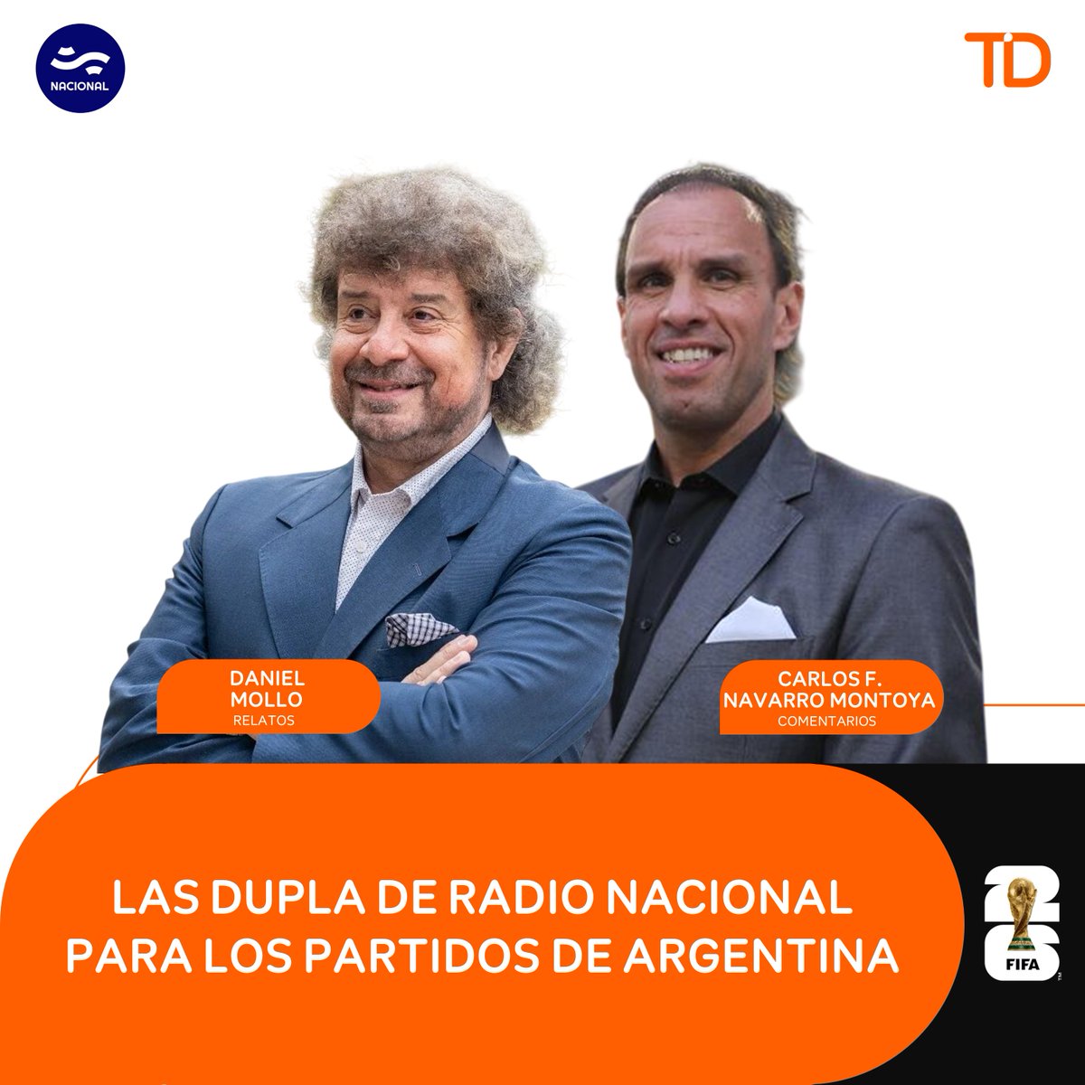 TribunaDeporOK's tweet photo. MUNDIAL EN RADIO NACIONAL 🇦🇷

🎙️ @Danielmollo y @NavarroMontoya estarán al frente de las transmisiones de la Selección Argentina durante la Copa del Mundo en @NacionalAM870. https://t.co/71pW3VnhrA