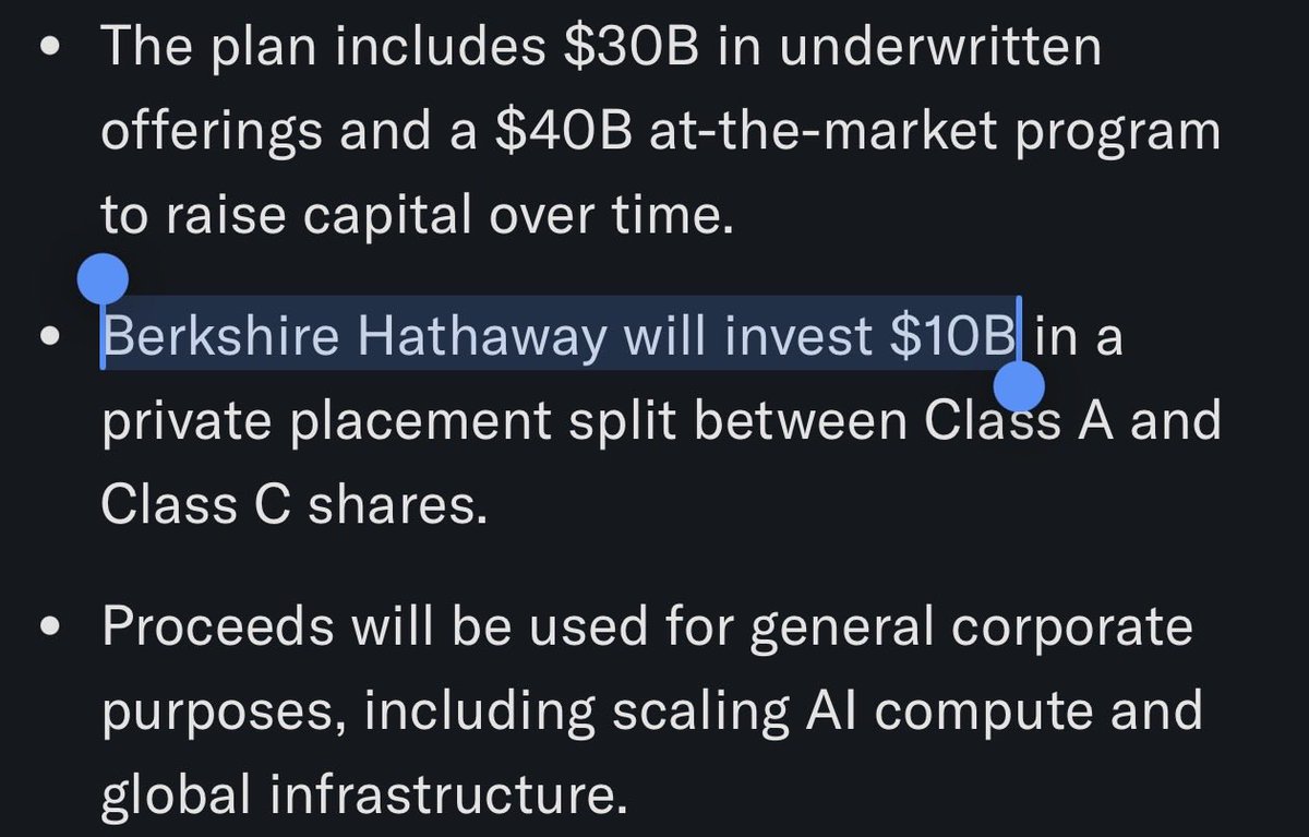 aleabitoreddit's tweet photo. I never thought I’d see the day where $GOOGL needs to raise $80b for AI capex…

Then Warren Buffet’s $BRK.A is funding the hyperscaler AI buildout. 

- $40B ATM, $30B offerings, Berkshire $10B

Upstream ecosystem from $LITE to $AVGO to Mediatek to $TSM to $MU should go brrr.

Not sure if the Google holders are though, given this massive capex scale isn’t as funded by FCF.