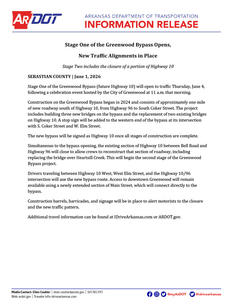 myARDOT's tweet photo. Stage One of the Greenwood Bypass (future Highway 10) will open to traffic Thursday, June 4, following a celebration event hosted by the City of Greenwood at 11 a.m. that morning. https://t.co/sz75pN5KtU
