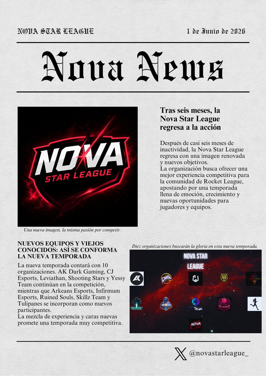 novastarleague_'s tweet photo. Volvemos con esta dinámica 🚨
Con esta nueva edición de Nova News damos inicio al Split 4 de Nova Star League 🌌

#RocketLeague #NovaStarLeague #Esports https://t.co/PK1YhgHKXw