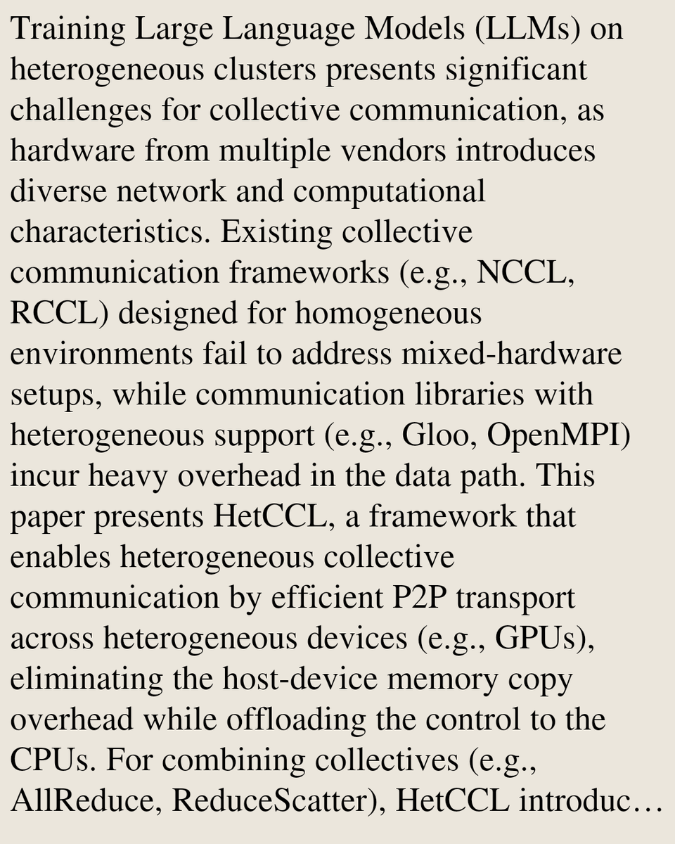 USB's tweet photo. HetCCL: Enabling Collective Communication For Mixed-Vendor Heterogeneous Clusters

Yuejie Wang, Tao Chang, Yuanyuan Zhao, Yulong Ao, Zeyu Gu, Zhiyu Li, Yanmin Jia, Yan Zhang, Mingjun Zhang, He Liu, Yongzhe He, Yonghua Lin, Guyue Liu
https://t.co/yd4OUkG59y [𝚌𝚜.𝙽𝙸 𝚌𝚜.𝙻𝙶] https://t.co/PBw9bemlOh