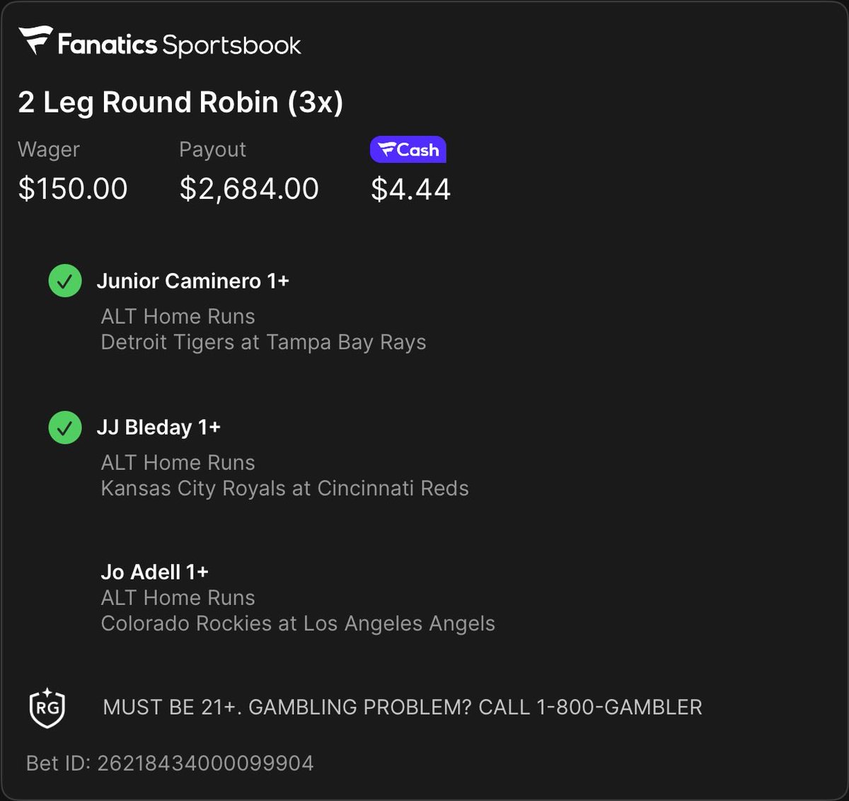 onlyparlays's tweet photo. Already cashed the Round Robin. Adell could make it an insane start to the month. Get the candles ready! 🕯️ https://t.co/XhV49iBLDF